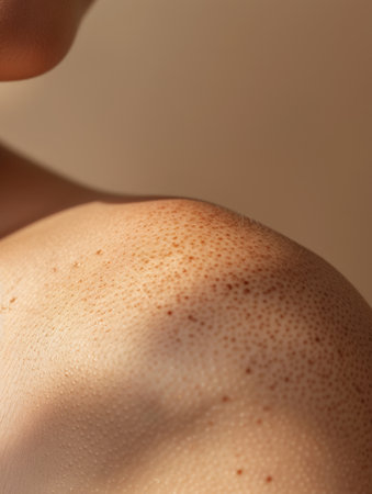 The image showcases a detailed close-up of skin with distinctive freckles on a shoulder, illuminated by warm natural light, offering a serene and intimate feel.の素材
