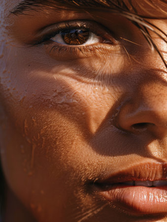 A woman with glowing skin gazes into the distance, sunlight casting shadows that highlight her strong features and warm expression. The setting conveys a relaxed summer atmosphere.の素材