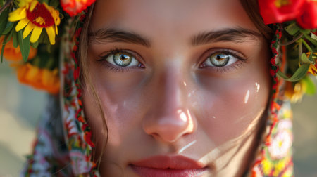 A young Ukrainian woman poses closely, wearing a floral headdress that highlights her bright blue-green eyes and natural beauty in a serene outdoor setting.の素材