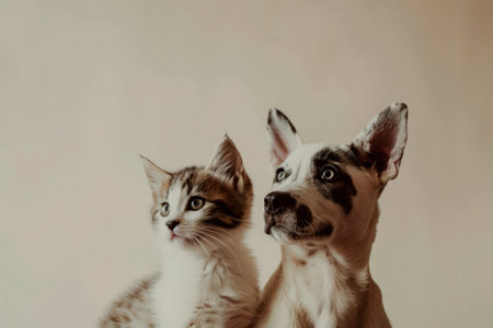A white dog and a small gray kitten sit side by side, gazing thoughtfully into the distance, surrounded by a calm, minimalist backdrop that enhances their features.の素材