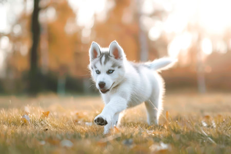 A lively Alaskan husky puppy runs through a sun-drenched grassy field, surrounded by vibrant autumn leaves, showcasing its energetic spirit and curiosity.の素材