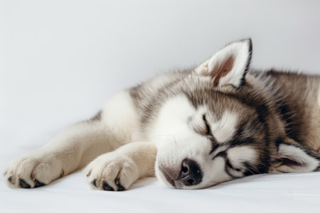 The adorable Alaskan husky puppy is curled up and sleeping soundly, showcasing its fluffy fur and relaxed posture in a serene indoor environment.の素材