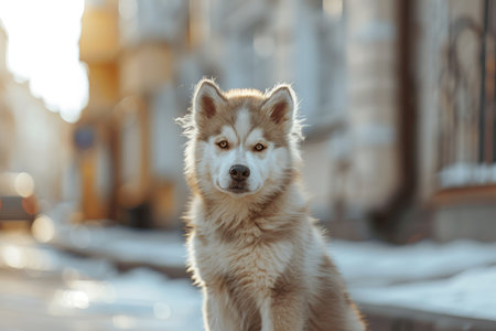 An Alaskan husky sits calmly in a sunlit street, surrounded by snow, showcasing its thick fur and striking gaze against a backdrop of quaint buildings on a winter day.の素材