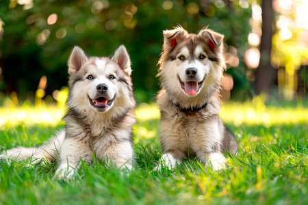 Two playful Alaskan Huskies are resting on vibrant green grass in a sunny park, displaying their fluffy fur and happy demeanor, enjoying a beautiful day outdoors.の素材