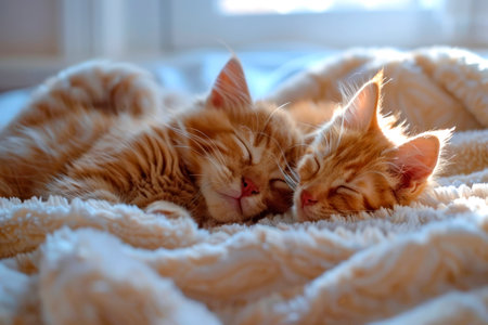 Two fluffy orange kittens lie snugly next to each other, their eyes closed in blissful sleep, wrapped in a soft, warm blanket under gentle sunlight.の素材