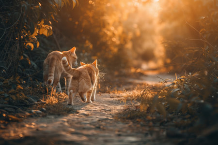 Two playful orange-white cats walk side by side along a dirt path surrounded by lush greenery, illuminated by the warm glow of sunset.の素材