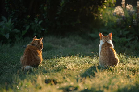 In a tranquil garden setting, two orange and white cats sit side by side on soft grass, basking in the warm light of late afternoon sunlight. Their serene moment suggests companionship.の素材