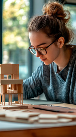 A focused undergraduate architecture student meticulously constructs a wooden model while collaborating in a bright studio filled with natural light.の素材