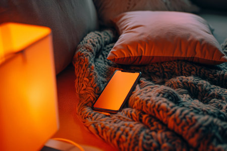A smartphone with a blank screen lies on a knitted blanket next to a warm lamp. The soft glow enhances the cozy atmosphere of the space during evening hours.の素材