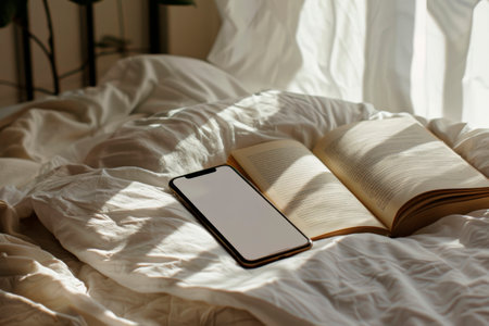 A sleek smartphone with an empty screen lies on a cozy blanket next to an open book, illuminated by gentle sunlight streaming through a window.の素材