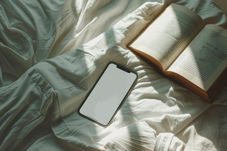 A sleek smartphone lies on a soft white bedspread, its screen blank. Next to it, an open book invites leisurely reading in the gentle morning light.の素材