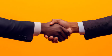 Two men engage in a firm handshake, showcasing a moment of mutual respect and agreement. The striking orange background enhances the significance of their connection.の素材