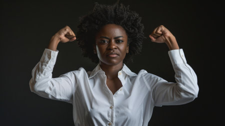 A determined woman stands strong and empowered, flexing her muscles with confidence. She wears a white shirt and exudes resilience under soft lighting against a dark backdrop.の素材
