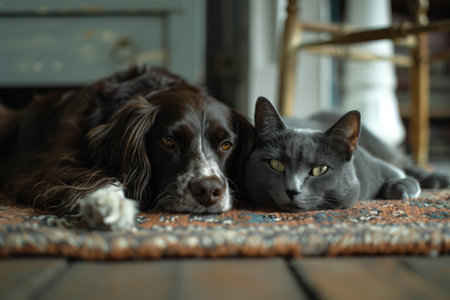 A Spaniel and a gray cat are comfortably lying side by side on a vibrant vintage rug within a cozy indoor space, enjoying a serene moment of companionship.の素材
