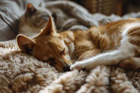 A warm golden puppy rests soundly on a plush blanket, enjoying a peaceful moment, while a cat relaxes quietly in the background of a cozy room.の素材