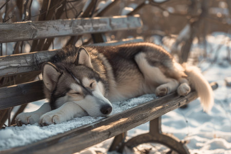 A serene Alaskan husky lies comfortably on a bench, surrounded by soft snow. The sunlight filters through branches, creating a peaceful winter atmosphere.の素材