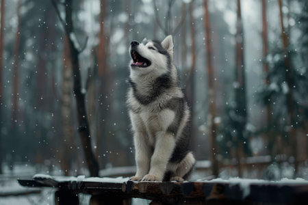 A husky sits proudly on a wooden platform, howling as snow gently falls in a tranquil Alaskan forest, surrounded by tall pine trees.の素材