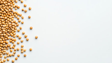 Scattered soybeans in a golden hue contrast beautifully with a clean white background.の写真素材