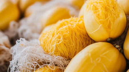 Spaghetti squash displays its vibrant yellow color and unique fibrous strands on white backdrop.の写真素材