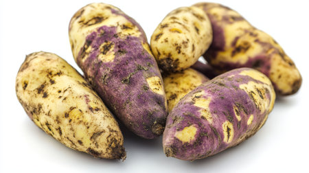 Fresh sweet potatoes of varying sizes arranged on a clean white background for display.の写真素材