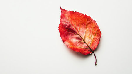 A vivid wine leaf displays a gradient of red and orange hues on a clean white background.の写真素材