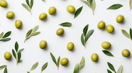 Green olives and olive leaves are beautifully arranged on a clean white surface.の写真素材