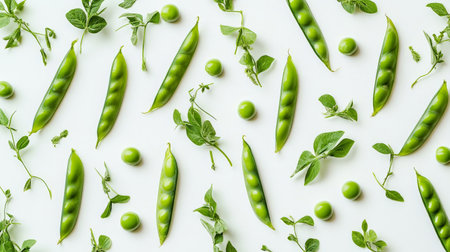 Vibrant green peas are scattered across a white surface, showing their freshness and variety.の写真素材