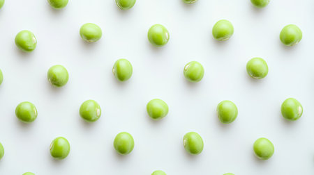 Bright green peas are artistically arranged on a clean white surface, showing their freshness.の写真素材