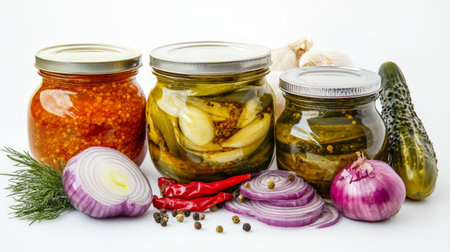 Colorful pickling onions and jars of spices make a vibrant display of pickled veggies.の写真素材