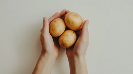 Hands cradle three potatoes, showcasing their round shapes and earthy textures on a white surface.の写真素材