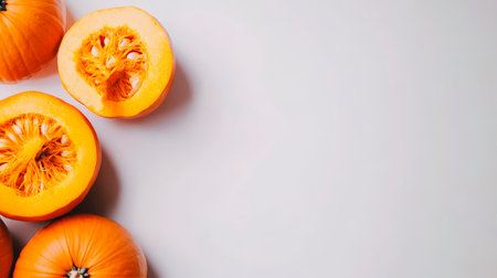 Bright orange pumpkins on a white background capture the essence of autumn harvest and freshness.の写真素材
