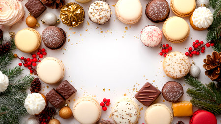 An assortment of New Year sweets displayed attractively with cookies, macarons, and chocolates arranged around a blank space for text.の素材