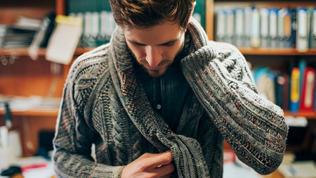 A young man sits back in a chair, pulling at his pullover with a focused expression. The office around him is bright, filled with natural light and greenery.の素材