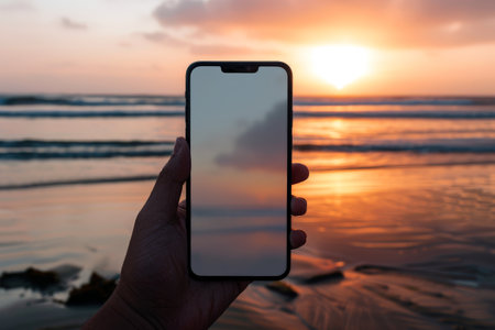 A person holds a smartphone with an empty screen while standing on the beach. The breathtaking sunset casts vibrant colors across the ocean waves and sky.の素材