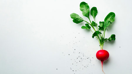 Bright red radish with vibrant green leaves sits on a white background with soil.の写真素材