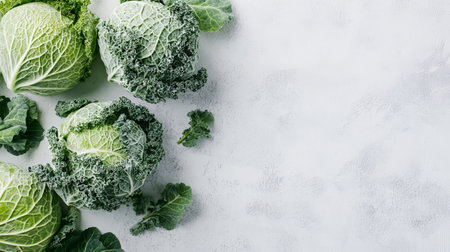 Fresh savoy cabbages show vibrant green leaves against a bright white backdrop.