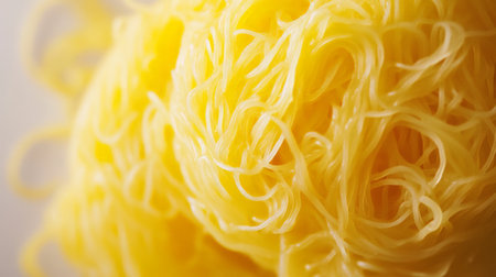 Bright yellow spaghetti squash strands on a white background showcase their unique texture.