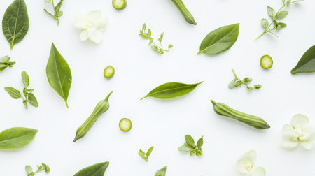 Vibrant okra surrounded by various fresh herbs and green leaves on a white backdrop.の写真素材