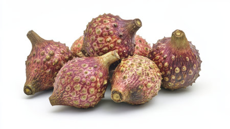 Taro vegetable arranged neatly on a white surface, highlighting its distinct shape and color.の写真素材