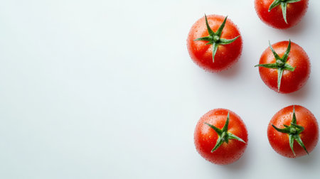 Five vibrant red tomatoes placed on a plain white background showing their natural freshness.