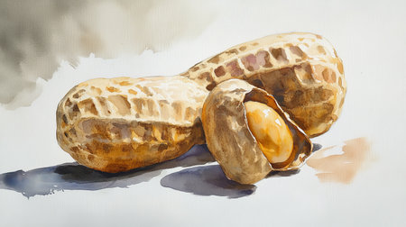 Aquarelle painting features a split peanut with its yellow kernel on a white background.の写真素材