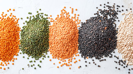 Different types of lentils are arranged on a white backdrop, highlighting their colors and textures.の写真素材