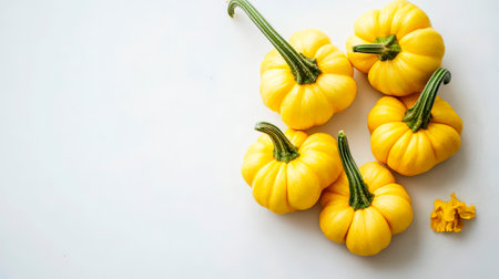 Five bright yellow pattypan squash contrast beautifully against a white background.