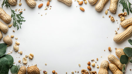 A decorative arrangement of peanuts and nuts forms a frame on a clean white background.
