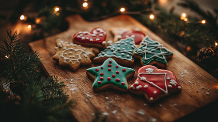 Colorful New Year cookies shaped like stars, trees, and hearts are beautifully arranged on a wooden board, surrounded by fairy lights.の素材