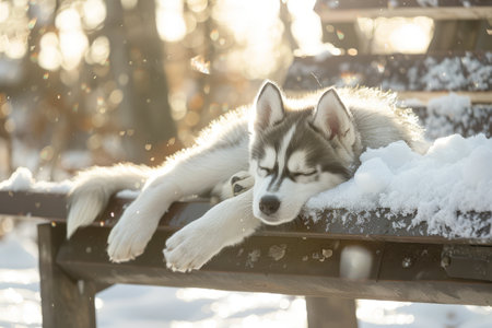 An Alaskan husky lies comfortably on a bench blanketed with snow, enjoying the warm sunlight filtering through the trees in a tranquil winter landscape.の素材
