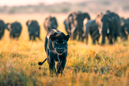 In the golden hues of early evening, a black panther moves silently through tall grass, closely observing a distant herd of elephants, showcasing nature's beauty.の素材
