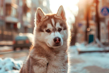 A beautiful Alaskan Husky stands proudly, soaking in the warm sunlight against a backdrop of snow-covered streets. This serene setting captures the tranquility of winter in a city.の素材