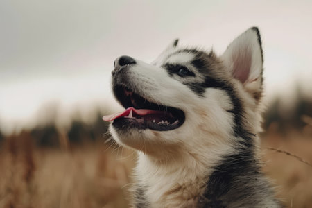 A happy Alaskan husky gazes into the distance, its fur gently blowing in the breeze, surrounded by a tranquil meadow at dusk.の素材