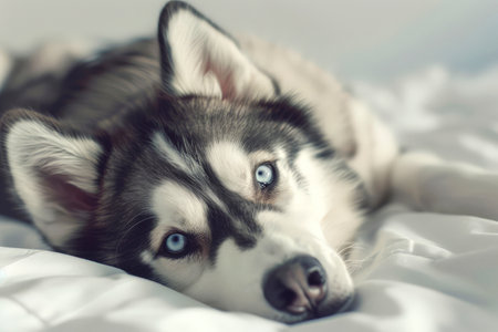 An Alaskan husky lies peacefully on a soft white surface, showcasing its striking blue eyes and relaxed demeanor in a tranquil indoor environment.の素材